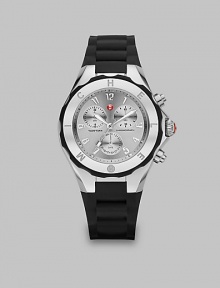 From the Tahitian Jelly Bean Collection. This technical timepiece features a sleek stainless steel case with a sporty silicone strap. Swiss quartz movementWater resistant to 5 ATMRound stainless steel case, 40mm (1.5) Sunray logo bezelStainless steel chronograph dialNumeric hour markersDate sub-dialSecond hand Black silicone strapImported