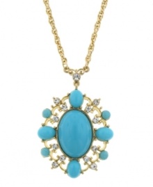 This season is all about stand out accessories. 2028's dramatic pendant sits on a trendy long chain and brings a pop of color with turquoise acrylic and clear glass accents. Set in gold tone mixed metal. Approximate length: 28 inches. Approximate drop: 1-3/4 inches.