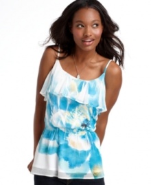 Honor your fashionista oath and commit to super cute style with this sleeveless top from BCX, where a sublimation floral print and ruffled neckline create a sublimely girlish look! Honor your fashionista oath and commit to super cute style with this sleeveless top from BCX, where a sublimation floral print and ruffled neckline create a sublimely girlish look!