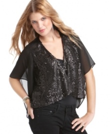 All eyes on you-this cool and casual jacket by XOXO combines the perfect mix of laid-back edge and party-ready sass. The open front design makes it an automatic layering essential with sparkly sequins and airy, sheer detailing that turn your look up a notch. All eyes on you-this cool and casual jacket by XOXO combines the perfect mix of laid-back edge and party-ready sass. The open front design makes it an automatic layering essential with sparkly sequins and airy, sheer detailing that turn your look up a notch.