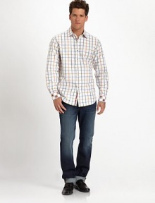 Checked windowpane pattern, in a colorful array, refreshes this cotton classic with contrast trim of the cuffs for an unexpected twist.Button-frontPoint collarCottonDry cleanImported