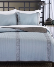 The rich look of Grecian-inspired embroidery lines the Chelsea quilt with detailed precision. A coordinating sky blue ground creates a serene effect in sumptuous linear quilting. The rich look of Grecian-inspired embroidery lines the Chelsea quilt with detailed precision. A coordinating sky blue ground creates a serene effect in sumptuous linear quilting.