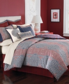 A majestic palace awaits with this Palace Blockprint duvet cover set from Martha Stewart Collection. Featuring an intricate and exotic print in bold red and navy blue hues, this set comes complete with a bedskirt and shams for a regal presentation. A majestic palace awaits with this Palace Blockprint duvet cover set from Martha Stewart Collection. Featuring an intricate and exotic print in bold red and navy blue hues, this set comes complete with a bedskirt and shams for a regal presentation.