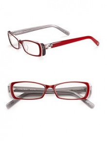 THE LOOKPlastic two-tone framesRectangle shapeAustrian stone details on temples and tipsTHE COLORRed and translucent grey frames with clear lensesORIGINImported
