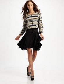 Muted stripes diverge in this cropped toppper, finished with geometric seaming.Jewel neckline Raglan sleeves Zipper front About 18¾ from shoulder to hem 84% acrylic/14% nylon/2% other fibers Dry clean Imported Muted stripes diverge in this cropped toppper, finished with geometric seaming.Jewel neckline Raglan sleeves Zipper front About 18¾ from shoulder to hem 84% acrylic/14% nylon/2% other fibers Dry clean Imported