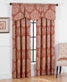 A regal damask print repeats upon a soft, washed ground in this Palmetto window valance from Regal. Featuring an effortless back tap top header with tailored pleats in the front, the achieved look is fitting for casual and traditional decors alike. A regal damask print repeats upon a soft, washed ground in this Palmetto window valance from Regal. Featuring an effortless back tap top header with tailored pleats in the front, the achieved look is fitting for casual and traditional decors alike.