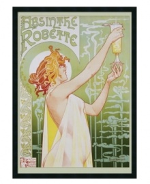 Raising a glass to the Green Fairy, this Absinthe Robette print adds vintage style to home bars and kitchens. With a textured finish and simple black frame made of recycled wood products. Raising a glass to the Green Fairy, this Absinthe Robette print adds vintage style to home bars and kitchens. With a textured finish and simple black frame made of recycled wood products.
