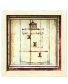 A distressed finish makes the charming Lighthouse 2 print look as if its weathered a few storms. With a whitewashed wooden frame, it's home is definitely by the water. A distressed finish makes the charming Lighthouse 2 print look as if its weathered a few storms. With a whitewashed wooden frame, it's home is definitely by the water.