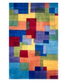 A dynamic mix of bright colors and geometric shapes creates an arresting rug that recalls the best of modern art. The color palette of blue, red, salmon, yellow and sage gives the piece a vibrant, buoyant style that lends your home a striking, contemporary look. Hand-tufted and hand-carved of plush wool. A dynamic mix of bright colors and geometric shapes creates an arresting rug that recalls the best of modern art. The color palette of blue, red, salmon, yellow and sage gives the piece a vibrant, buoyant style that lends your home a striking, contemporary look. Hand-tufted and hand-carved of plush wool.
