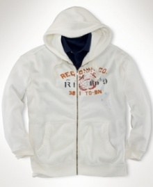 A comfortable and casual statement, this faded full-zip fleece jacket features a soft, waffle-lined hood and weathered graphic print for a lived-in look. A comfortable and casual statement, this faded full-zip fleece jacket features a soft, waffle-lined hood and weathered graphic print for a lived-in look.