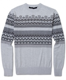 Sean John turns Fair Isle patterns into a graphic print on this cotton-blend pullover. Sean John turns Fair Isle patterns into a graphic print on this cotton-blend pullover.