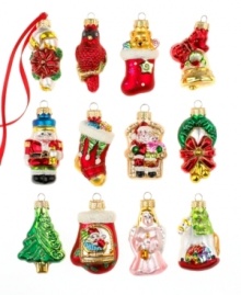 From Santa Claus to Christmas stockings, this box of 12 mini ornaments offers something for everyone in irresistibly glittery, richly colored glass. From Santa Claus to Christmas stockings, this box of 12 mini ornaments offers something for everyone in irresistibly glittery, richly colored glass.