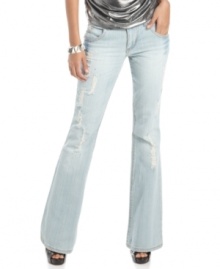 Shake-up your denim collection with this light wash style from Baby Phat that flaunts rips, sequins and a flared leg! Shake-up your denim collection with this light wash style from Baby Phat that flaunts rips, sequins and a flared leg!