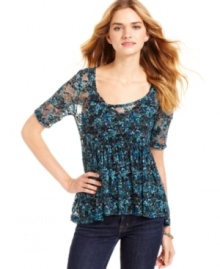 Get your lace fix with Ultra Flirt's colorful babydoll top -- the cutest companion to your jeans and fall boots. Get your lace fix with Ultra Flirt's colorful babydoll top -- the cutest companion to your jeans and fall boots.