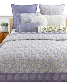 Sumptuous quilting with detailed circle embroidery lends a warm accent to the Sakura bedding from Style&co. A reverse solid purple design enhances the collection with soothing color. Sumptuous quilting with detailed circle embroidery lends a warm accent to the Sakura bedding from Style&co. A reverse solid purple design enhances the collection with soothing color.