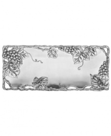 Serve crackers, crudite, dips and caviar with the Grapevine oblong tray. Perfect for entertaining, it will lend a touch of whimsy to your tabletop. A raised and intricate pattern of grape clusters on high-polished aluminum conveys unparalleled elegance. 16L x 2 1/2 H x 4 W. Serve crackers, crudite, dips and caviar with the Grapevine oblong tray. Perfect for entertaining, it will lend a touch of whimsy to your tabletop. A raised and intricate pattern of grape clusters on high-polished aluminum conveys unparalleled elegance. 16L x 2 1/2 H x 4 W.