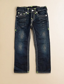 Thick, contrast stitching with neon bartacks, silvertone hardware and signature horseshoe pockets define this slim-fitting, dark wash pair.Front button closureAdjustable waistband with belt loopsZip flyFive-pocket styleCottonMachine washImported of domestic fabric Thick, contrast stitching with neon bartacks, silvertone hardware and signature horseshoe pockets define this slim-fitting, dark wash pair.Front button closureAdjustable waistband with belt loopsZip flyFive-pocket styleCottonMachine washImported of domestic fabric