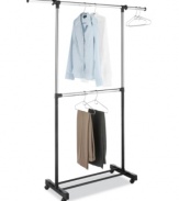 Leave your wardrobe hanging! Multiply your storage and hanging space in seconds with this innovative solution-two chromed steel bars adjust to the perfect height to accommodate all of your clothes and de-clutter your closet!