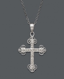 No ordinary way to express your faith, this exquisite style features intricate scrolls of sterling silver that shine with the addition of sparkling diamond accents. Approximate length: 18 inches. Approximate drop: 2-1/4 inches.