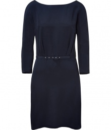 Elegant dress in fine, pure midnight blue silk - Super-soft, lightweight material has a matte sheen and drapes beautifully - Straight, streamlined silhouette with wide, round neck and on-trend, 3/4 sleeves - Delicate back dip and decorative button closure - Skinny belt cinches the waist - Slim skirt hits above the knee - Polished, versatile and undeniably chic, ideal for day or evening - Pair with open toe pumps or wedge sandals and a colorful clutch or shoulder bag Elegant dress in fine, pure midnight blue silk - Super-soft, lightweight material has a matte sheen and drapes beautifully - Straight, streamlined silhouette with wide, round neck and on-trend, 3/4 sleeves - Delicate back dip and decorative button closure - Skinny belt cinches the waist - Slim skirt hits above the knee - Polished, versatile and undeniably chic, ideal for day or evening - Pair with open toe pumps or wedge sandals and a colorful clutch or shoulder bag