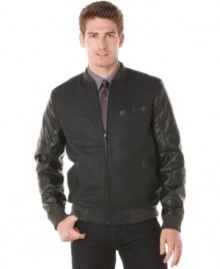 Add some serious style to your seasonal attire with this varsity-inspired bomber jacket from Perry Ellis. Add some serious style to your seasonal attire with this varsity-inspired bomber jacket from Perry Ellis.