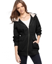 Warm-up in this fleece jacket from Hot Kiss that features a toasty faux-fur lined hood and waist-defining drawstring! Warm-up in this fleece jacket from Hot Kiss that features a toasty faux-fur lined hood and waist-defining drawstring!