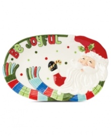 Get wrapped up in the joy of the season with the Fitz and Floyd sentiment tray featuring one especially jolly Santa. With the sculpted detail in his face, scarf and hat, it's bursting with holiday cheer. Get wrapped up in the joy of the season with the Fitz and Floyd sentiment tray featuring one especially jolly Santa. With the sculpted detail in his face, scarf and hat, it's bursting with holiday cheer.