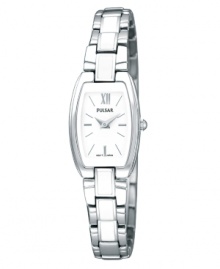 Unparalleled elegance ideal for unforgettable occasions, by Pulsar. Crafted of stainless steel bracelet with white enamel inlays and rounded rectangular case. White dial features silver-tone Roman numeral and logo at twelve o'clock, applied stick indices, and hour and minute hands. Quartz movement. Water resistant to 30 meters. Three-year limited warranty. Unparalleled elegance ideal for unforgettable occasions, by Pulsar. Crafted of stainless steel bracelet with white enamel inlays and rounded rectangular case. White dial features silver-tone Roman numeral and logo at twelve o'clock, applied stick indices, and hour and minute hands. Quartz movement. Water resistant to 30 meters. Three-year limited warranty.