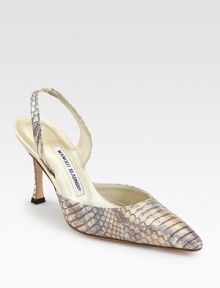 A metallic finish adds a hint of sheen to this point toe slingback in textured snake-print leather. Self-covered heel, 3½ (90mm)Snake-print leather upper with metallic finishPoint toeElasticized slingback strapLeather lining and solePadded insoleMade in Italy