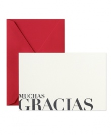 Now you can show appreciation with Latin flair thanks to Crane's Muchas Gracias note cards. Bold text inked in solid charcoal contrast flame-red envelopes for extra gusto. Now you can show appreciation with Latin flair thanks to Crane's Muchas Gracias note cards. Bold text inked in solid charcoal contrast flame-red envelopes for extra gusto.
