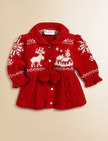 A reindeer-and-winter scene design gives classic seasonal charm to an adorable babydoll cardigan.Shawl collarLong sleevesButton-frontWaistband with pom-pomsCable-knit skirtCottonMachine washImported Please note: Number of buttons may vary depending on size ordered. 