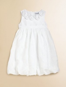 Dainty rosettes understated eyelet add to the allure of this ethereal taffeta frock in a bubble silhouette.Scalloped jewelneckSleevelessBack zipperFlat waistBubble hemPolyesterMachine washImported