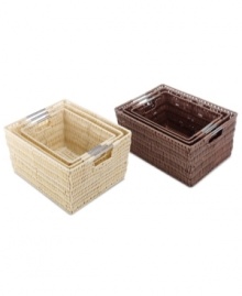 Store in style. The rattan-like look of each basket is made of a durable plastic with steel frame and chrome handles for heavy-duty storage that keeps things orderly. Perfect for organizing all over the house, each basket fits into your décor effortlessly. Store in style. The rattan-like look of each basket is made of a durable plastic with steel frame and chrome handles for heavy-duty storage that keeps things orderly. Perfect for organizing all over the house, each basket fits into your décor effortlessly.