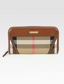 Iconic check-print denim accented with smooth leather and a signature plaque.Zip-around closureOne inside zip pocketTwelve credit card slotsThree open compartmentsFully lined7½W X 4H X 1DMade in Italy