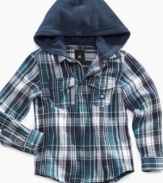 The perfect find for fall, this DC Shoes button-down shirt has an attached hood to keep him warm when he's hanging out on a cool autumn evening.