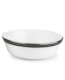In the hands of kate spade, black and white is anything but basic. Dancing ebony stitched stripes provide a stunning contrast to the pristine china of the Union Street all-purpose bowl (shown left). In the hands of kate spade, black and white is anything but basic. Dancing ebony stitched stripes provide a stunning contrast to the pristine china of the Union Street all-purpose bowl (shown left).