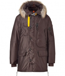 Whether youre hitting the city or the slopes this season, Parajumperss brown down parka is a sporty-luxe cold-weather essential - Water- and wind-resistant outer has an elegant, light sheen - Slim cut style hits mid-thigh - Full zip and supplementary button placket - Elbow patches and decorative contrast yellow trim - Raccoon-trimmed hood and sipper embellishment - Two vertical flap pockets at sides, two oversize flap pockets at hips and single skinny pocket at chest - Fashionable and functional, a stylish must for all casual winter looks Whether youre hitting the city or the slopes this season, Parajumperss brown down parka is a sporty-luxe cold-weather essential - Water- and wind-resistant outer has an elegant, light sheen - Slim cut style hits mid-thigh - Full zip and supplementary button placket - Elbow patches and decorative contrast yellow trim - Raccoon-trimmed hood and sipper embellishment - Two vertical flap pockets at sides, two oversize flap pockets at hips and single skinny pocket at chest - Fashionable and functional, a stylish must for all casual winter looks