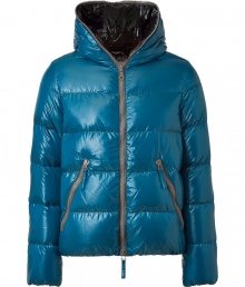 A sleek patina and vibrant contrast piping lend this Duvetica down jacket its sporty and stylish edge - In a lighter weight, wind- and water-resistant lagoon blue polyamide with grey trim - Straight cut fits close to the body for extra warmth - Full zip, hood and oversize diagonal zippered pockets at front - Perfect for cold weather casual looks - Pair with jeans, chinos, cords and athletic pants
