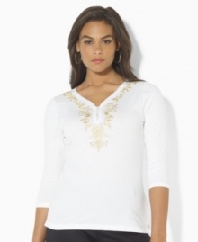 Rendered in a chic tunic length, this plus size Lauren by Ralph Lauren top is crafted from soft cotton and finished with delicate embroidery at the neckline. Rendered in a chic tunic length, this plus size Lauren by Ralph Lauren top is crafted from soft cotton and finished with delicate embroidery at the neckline.