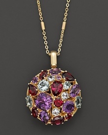A sparkling mosaic of white sapphire, amethyst, aquamarine, and garnet set in 14K yellow gold.