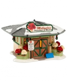 Holiday guests pick up something for their host at Melinda's Poinsettias & Mistletoe. Beautiful potted plants and bouquets are displayed outside, luring the last-minute shoppers of Snow Village. From Department 56. Holiday guests pick up something for their host at Melinda's Poinsettias & Mistletoe. Beautiful potted plants and bouquets are displayed outside, luring the last-minute shoppers of Snow Village. From Department 56.