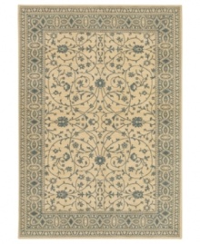 Cool and cordial, this sweet Karastan area rug welcomes you to the most comfortable spot in your home. A soft beige ground is trimmed with lane-blue patterns in a pleasing design inspired by antique English manor house rugs. Wool construction with cotton foundation for added strength and softness. Cool and cordial, this sweet Karastan area rug welcomes you to the most comfortable spot in your home. A soft beige ground is trimmed with lane-blue patterns in a pleasing design inspired by antique English manor house rugs. Wool construction with cotton foundation for added strength and softness.