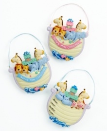 Cherish the memory of your baby's first Christmas with the Noah's Ark ornament, featuring giraffes, elephants and more adorable duos in sweet pastel colors. Personalize it with his or her name, date, weight and time of birth. Shown front and back. Cherish the memory of your baby's first Christmas with the Noah's Ark ornament, featuring giraffes, elephants and more adorable duos in sweet pastel colors. Personalize it with his or her name, date, weight and time of birth. Shown front and back.