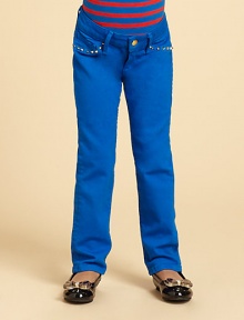 Colored denim with decorative rivets and just a hint of stretch.Front buttonWaistband with belt loopsZip flyFive-pocket styleRivet details86% cotton/11% polyester/3% spandexMachine washMade in USA Colored denim with decorative rivets and just a hint of stretch.Front buttonWaistband with belt loopsZip flyFive-pocket styleRivet details86% cotton/11% polyester/3% spandexMachine washMade in USA