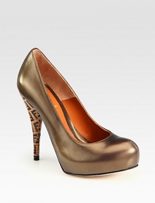 Timeless silhouette of metallic leather with a monogram-embellished stacked heel. Stacked heel, 4½ (115mm)Covered platform, ¾ (20mm)Compares to a 3¾ heel (95mm)Leather upperLeather lining and solePadded insoleMade in Italy