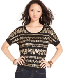 Metallic sequins form a chic tribal design and deliver gilded cool to this short sleeve top from Belle Du Jour! Metallic sequins form a chic tribal design and deliver gilded cool to this short sleeve top from Belle Du Jour!