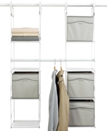 Meet your dream closet. It's easy to add extra shelving and hanging space to your cluttered closet-no tools or installation required. This innovative set simply attaches to your existing shelf & nearly doubles your space & organizes it, too. Creating double hanging area for skirts, shorts and more & sorting accessories in versatile fabric cubbies, this system simplifies your style. 1-year warranty. Meet your dream closet. It's easy to add extra shelving and hanging space to your cluttered closet-no tools or installation required. This innovative set simply attaches to your existing shelf & nearly doubles your space & organizes it, too. Creating double hanging area for skirts, shorts and more & sorting accessories in versatile fabric cubbies, this system simplifies your style. 1-year warranty.