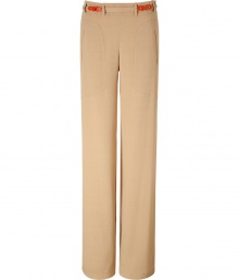 Gorgeous pants in beige viscose - Thin belt with red detail adds interest with a modern take on a classic trouser - Side pockets with decorative lines - Wide, flared leg - Style with elegant heels, loose, silk top, and chunky bangles Gorgeous pants in beige viscose - Thin belt with red detail adds interest with a modern take on a classic trouser - Side pockets with decorative lines - Wide, flared leg - Style with elegant heels, loose, silk top, and chunky bangles