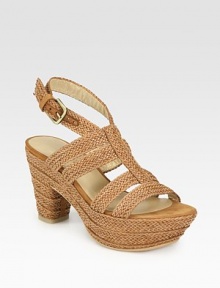 Intricately woven leather with an adjustable slingback strap and a rubber sole for extra traction. Self-covered heel, 4 (100mm)Covered platform, 2 (50mm)Compares to a 2 heel (50mm)Leather upperLeather liningRubber solePadded insoleImportedOUR FIT MODEL RECOMMENDS ordering true size. 