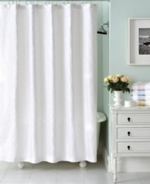 An allover tonal scroll design enhances this shower curtain from Martha Stewart Collection for a polished addition to your bathroom. An allover tonal scroll design enhances this shower curtain from Martha Stewart Collection for a polished addition to your bathroom.
